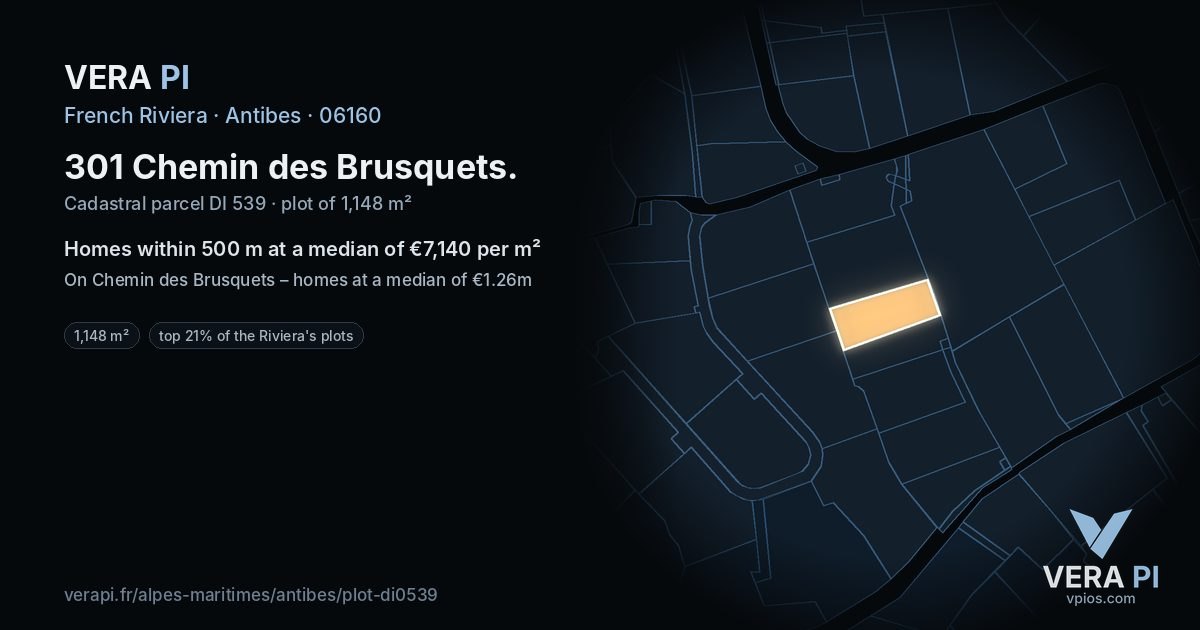 301 Chemin des Brusquets, Antibes at night – the plot lit, the parcels around coloured by the prices near them