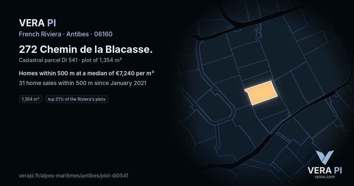 272 Chemin de la Blacasse, Antibes at night – the plot lit, the parcels around coloured by the prices near them
