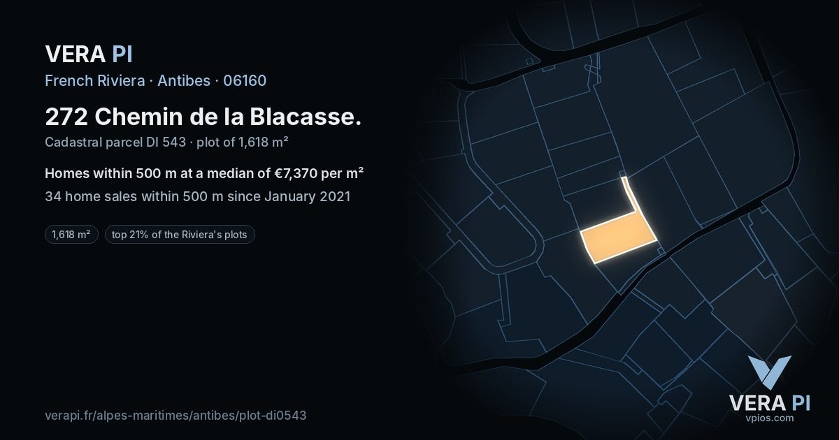 272 Chemin de la Blacasse, Antibes at night – the plot lit, the parcels around coloured by the prices near them