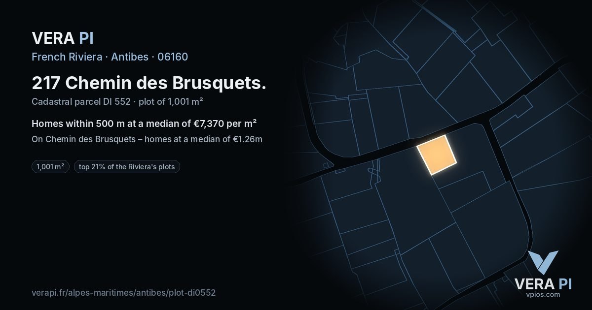 217 Chemin des Brusquets, Antibes at night – the plot lit, the parcels around coloured by the prices near them