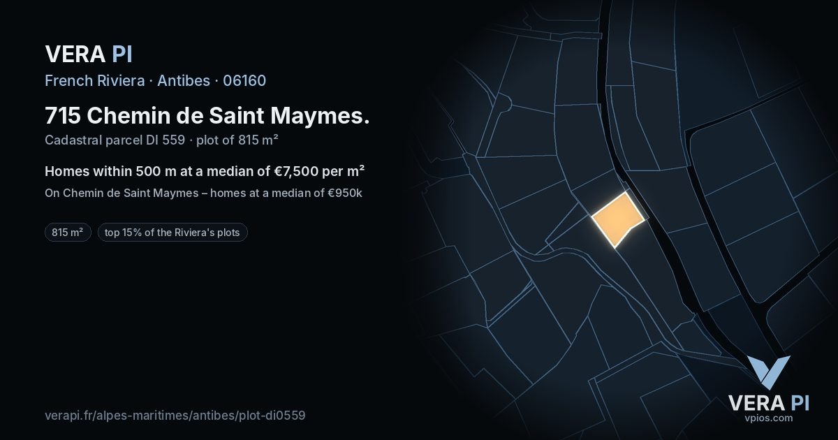 715 Chemin de Saint Maymes, Antibes at night – the plot lit, the parcels around coloured by the prices near them