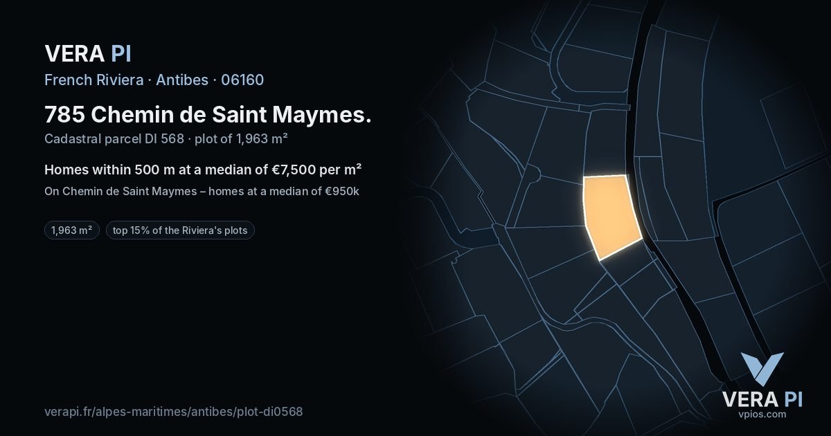 785 Chemin de Saint Maymes, Antibes at night – the plot lit, the parcels around coloured by the prices near them