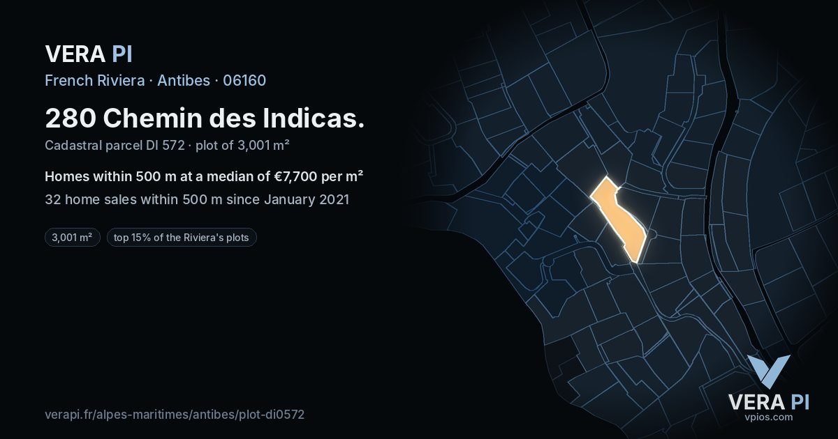 280 Chemin des Indicas, Antibes at night – the plot lit, the parcels around coloured by the prices near them