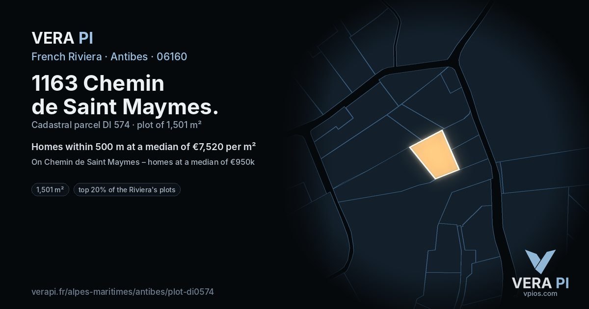 1163 Chemin de Saint Maymes, Antibes at night – the plot lit, the parcels around coloured by the prices near them