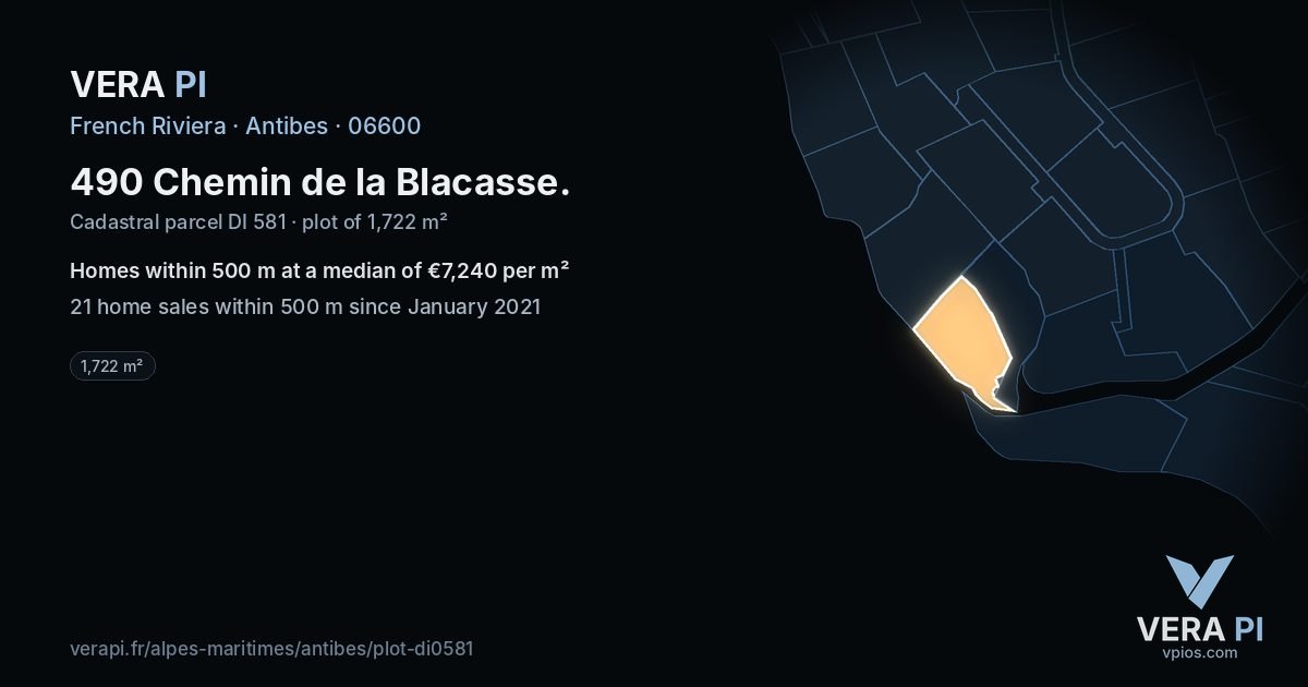 490 Chemin de la Blacasse, Antibes at night – the plot lit, the parcels around coloured by the prices near them