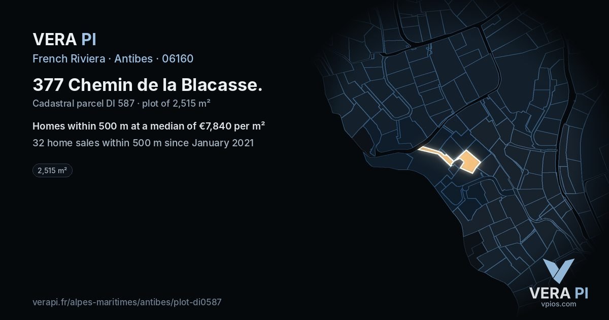377 Chemin de la Blacasse, Antibes at night – the plot lit, the parcels around coloured by the prices near them