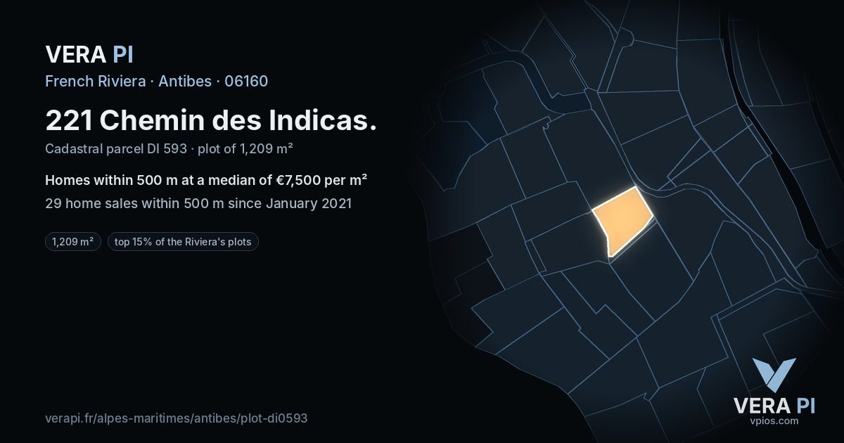 221 Chemin des Indicas, Antibes at night – the plot lit, the parcels around coloured by the prices near them