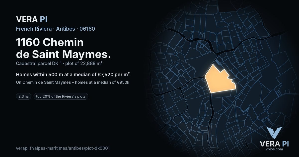 1160 Chemin de Saint Maymes, Antibes at night – the plot lit, the parcels around coloured by the prices near them