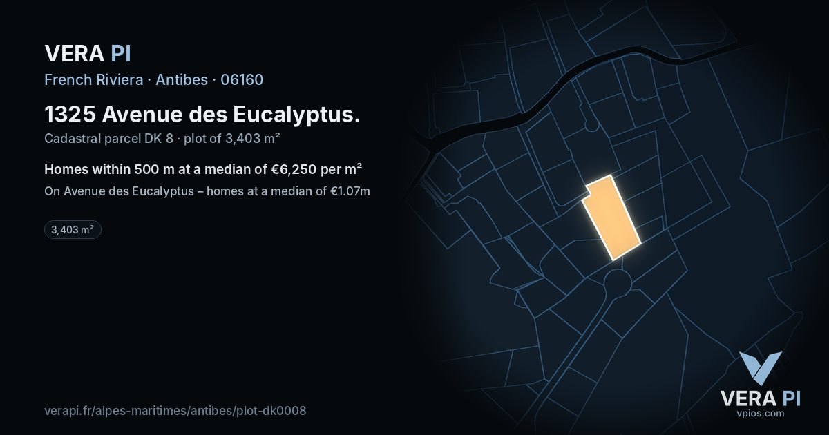 1325 Avenue des Eucalyptus, Antibes at night – the plot lit, the parcels around coloured by the prices near them