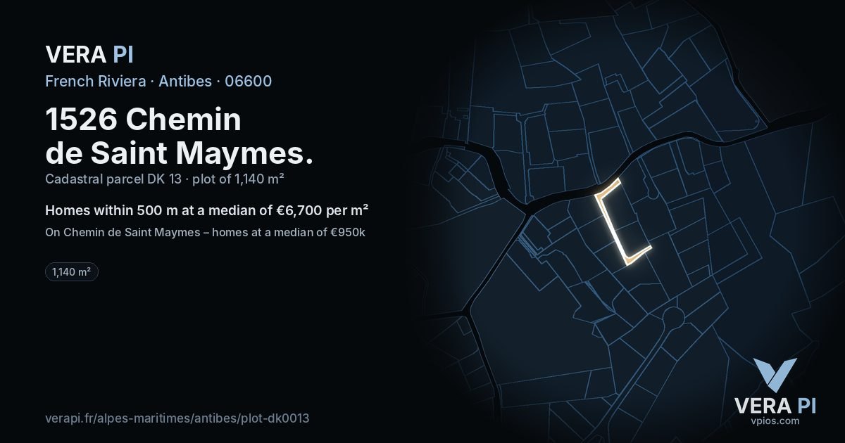 1526 Chemin de Saint Maymes, Antibes at night – the plot lit, the parcels around coloured by the prices near them
