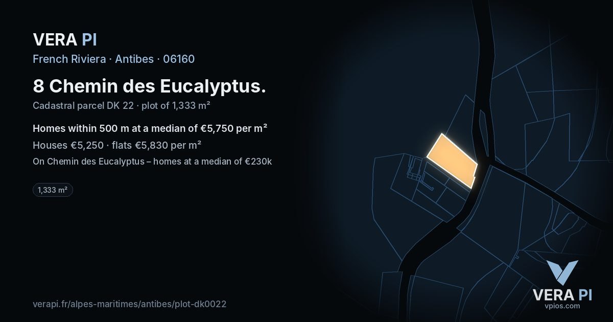 8 Chemin des Eucalyptus, Antibes at night – the plot lit, the parcels around coloured by the prices near them