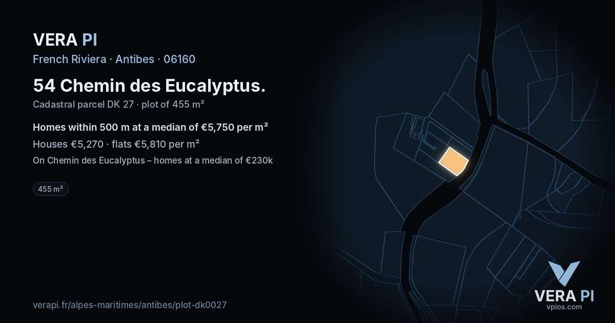 54 Chemin des Eucalyptus, Antibes at night – the plot lit, the parcels around coloured by the prices near them