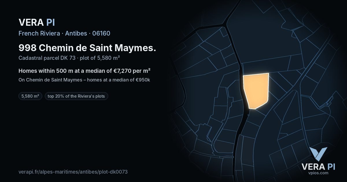 998 Chemin de Saint Maymes, Antibes at night – the plot lit, the parcels around coloured by the prices near them