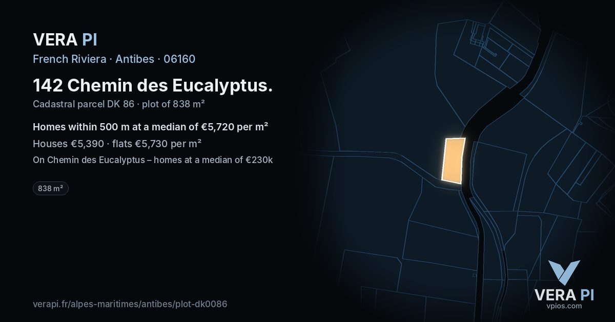 142 Chemin des Eucalyptus, Antibes at night – the plot lit, the parcels around coloured by the prices near them