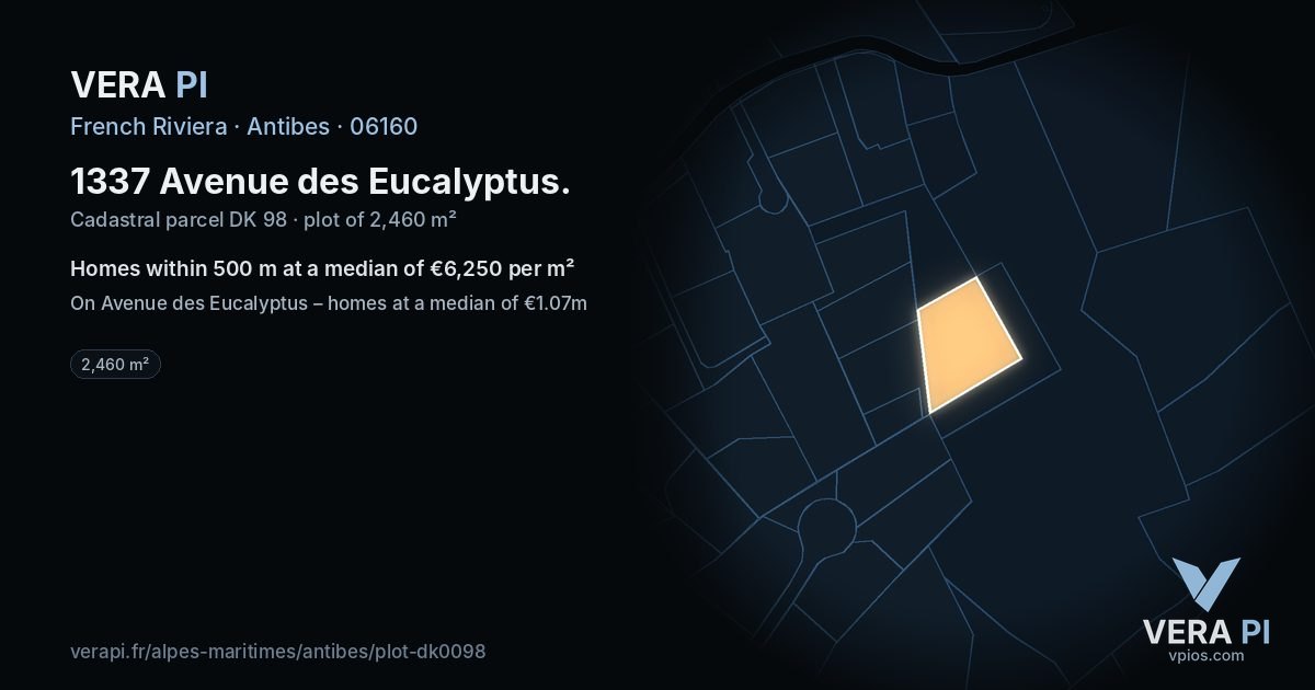 1337 Avenue des Eucalyptus, Antibes at night – the plot lit, the parcels around coloured by the prices near them