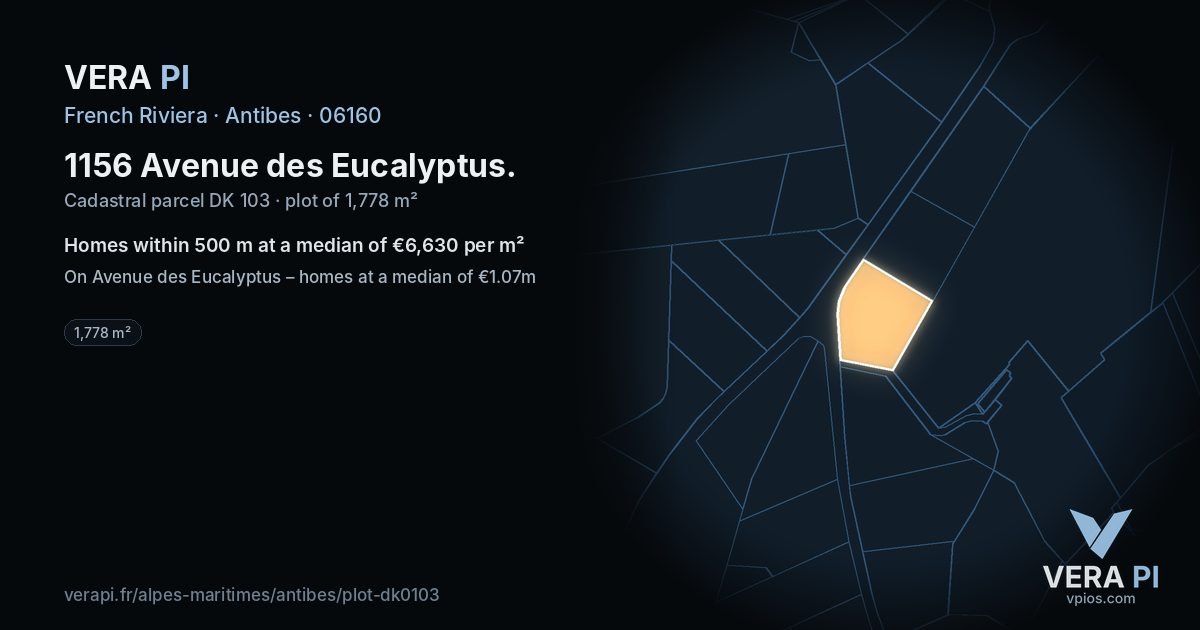 1156 Avenue des Eucalyptus, Antibes at night – the plot lit, the parcels around coloured by the prices near them
