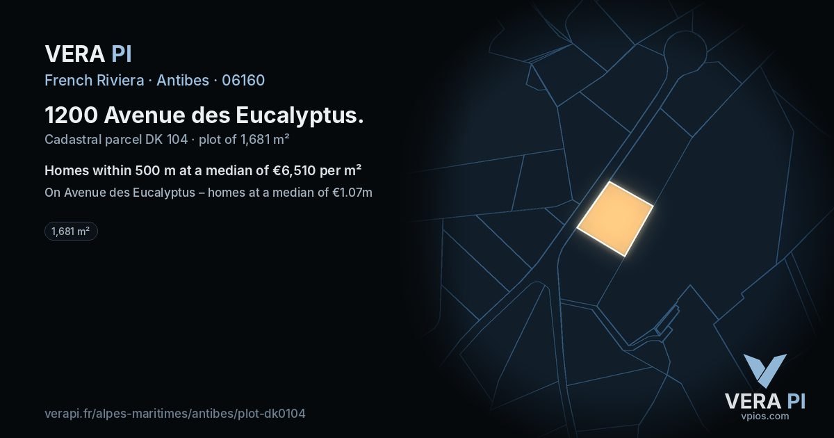 1200 Avenue des Eucalyptus, Antibes at night – the plot lit, the parcels around coloured by the prices near them