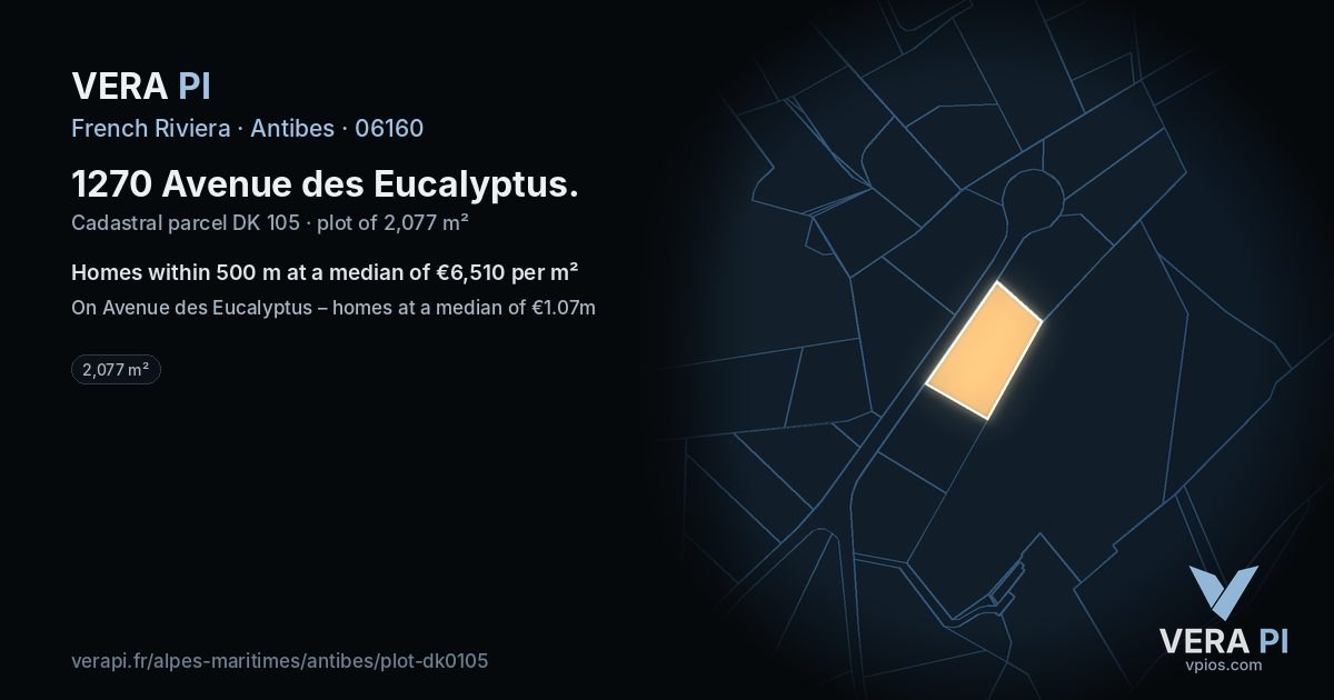 1270 Avenue des Eucalyptus, Antibes at night – the plot lit, the parcels around coloured by the prices near them
