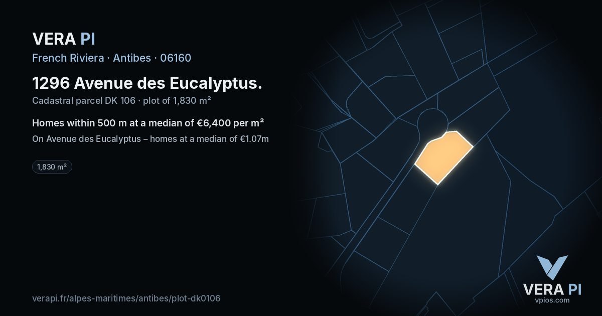 1296 Avenue des Eucalyptus, Antibes at night – the plot lit, the parcels around coloured by the prices near them