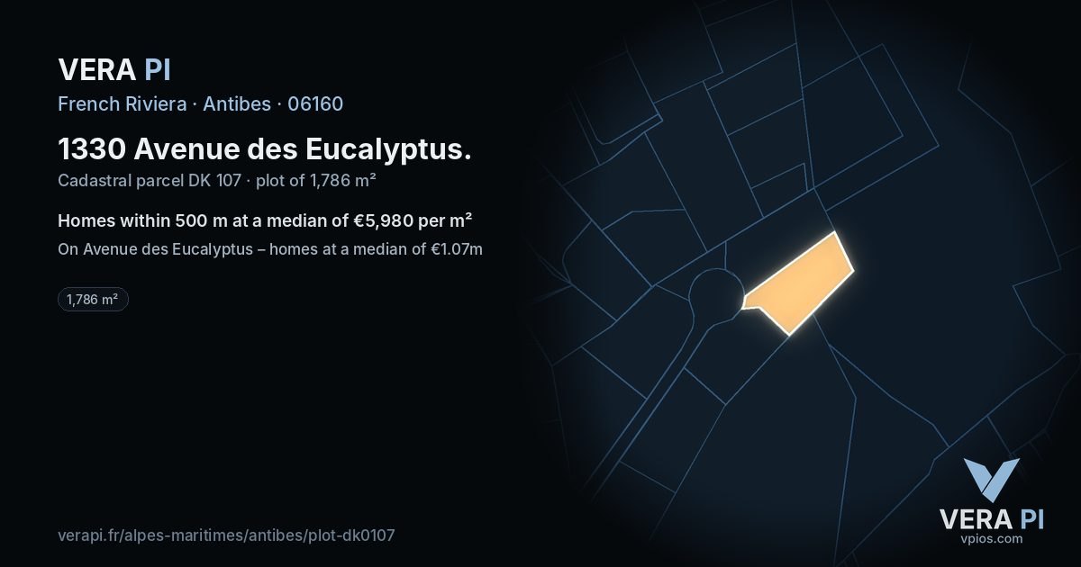 1330 Avenue des Eucalyptus, Antibes at night – the plot lit, the parcels around coloured by the prices near them