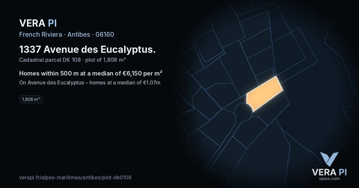 1337 Avenue des Eucalyptus, Antibes at night – the plot lit, the parcels around coloured by the prices near them