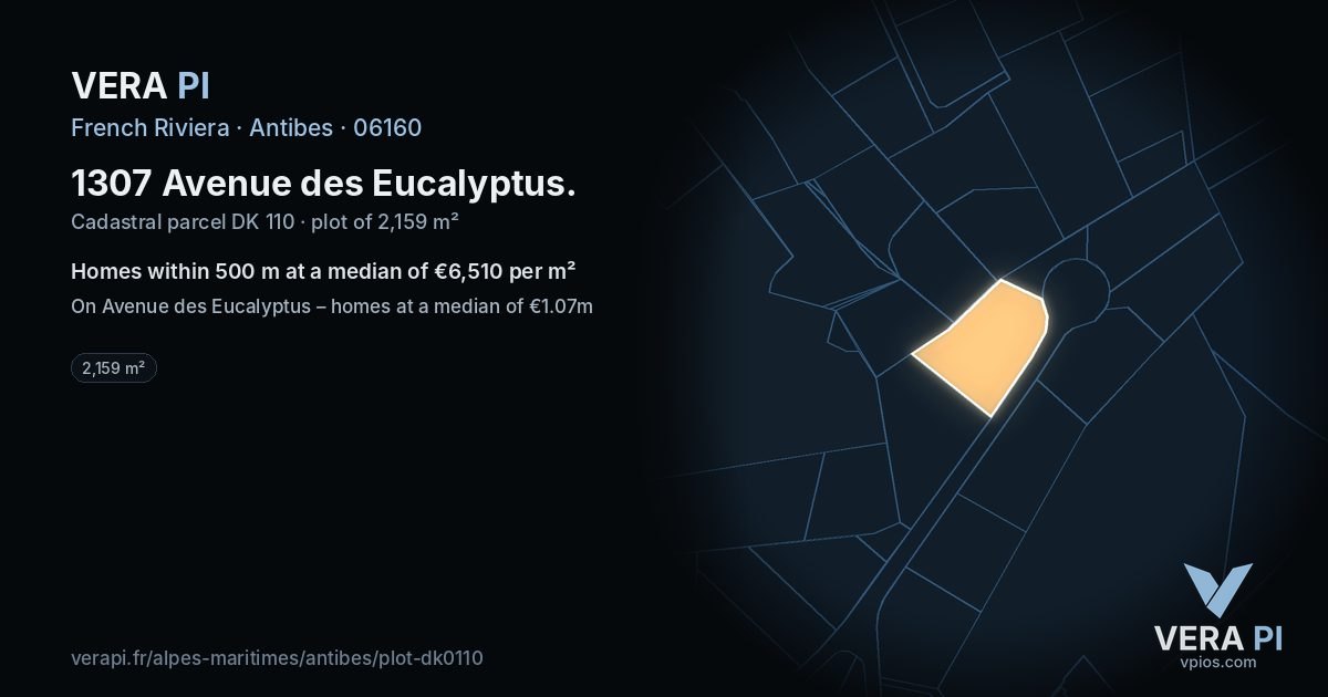 1307 Avenue des Eucalyptus, Antibes at night – the plot lit, the parcels around coloured by the prices near them