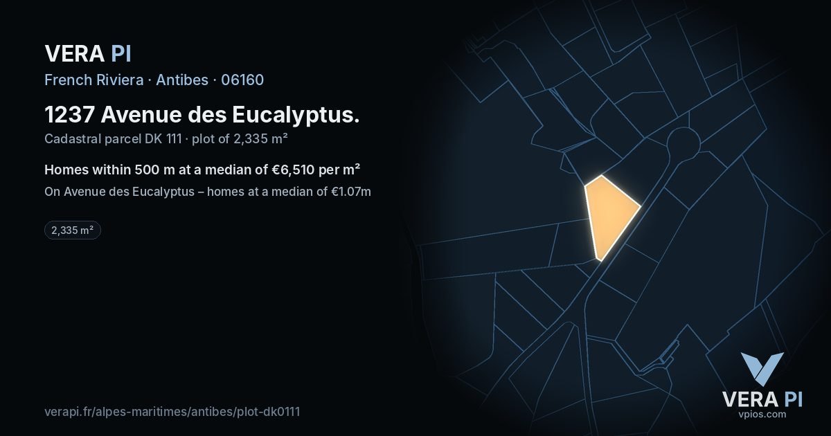1237 Avenue des Eucalyptus, Antibes at night – the plot lit, the parcels around coloured by the prices near them