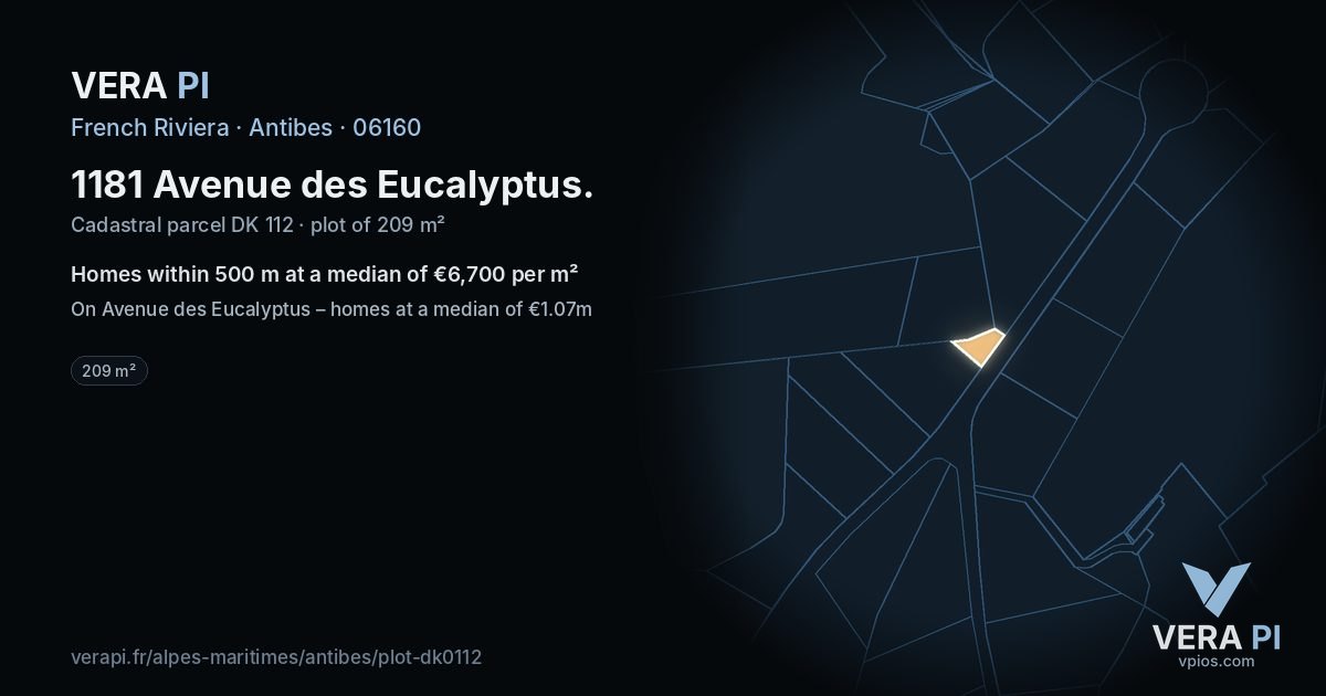 1181 Avenue des Eucalyptus, Antibes at night – the plot lit, the parcels around coloured by the prices near them