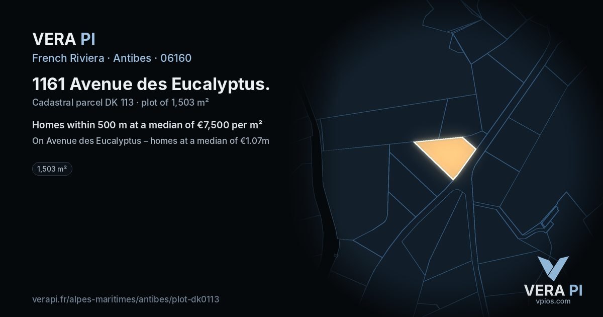 1161 Avenue des Eucalyptus, Antibes at night – the plot lit, the parcels around coloured by the prices near them