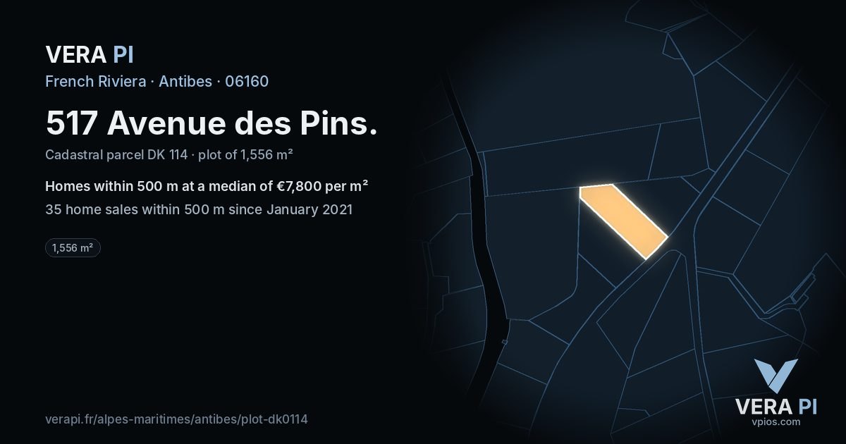 517 Avenue des Pins, Antibes at night – the plot lit, the parcels around coloured by the prices near them