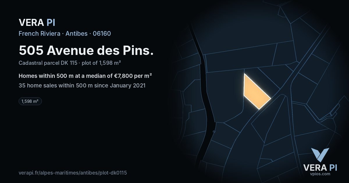 505 Avenue des Pins, Antibes at night – the plot lit, the parcels around coloured by the prices near them