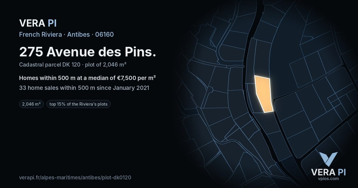 275 Avenue des Pins, Antibes at night – the plot lit, the parcels around coloured by the prices near them
