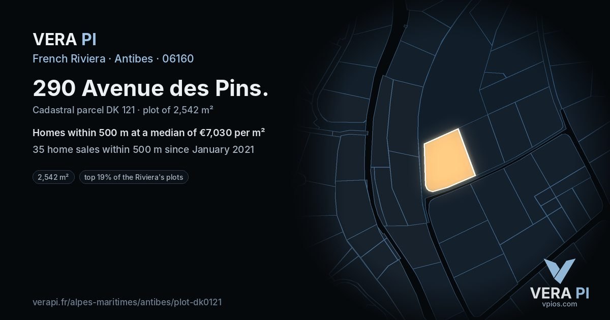 290 Avenue des Pins, Antibes at night – the plot lit, the parcels around coloured by the prices near them