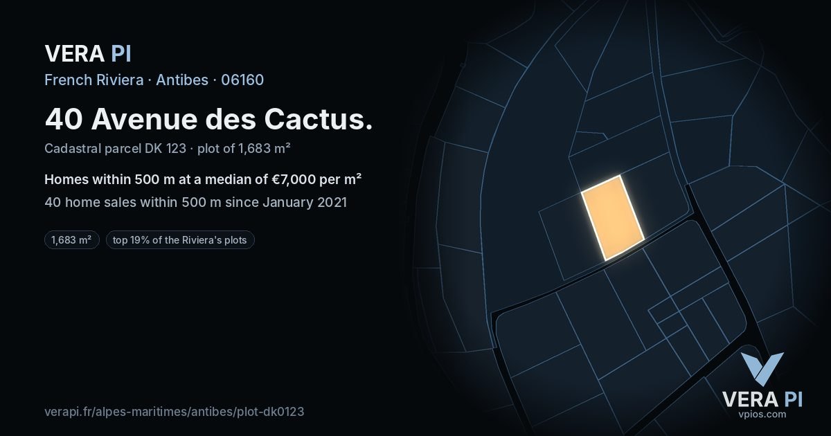 40 Avenue des Cactus, Antibes at night – the plot lit, the parcels around coloured by the prices near them