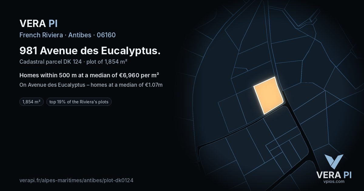 981 Avenue des Eucalyptus, Antibes at night – the plot lit, the parcels around coloured by the prices near them
