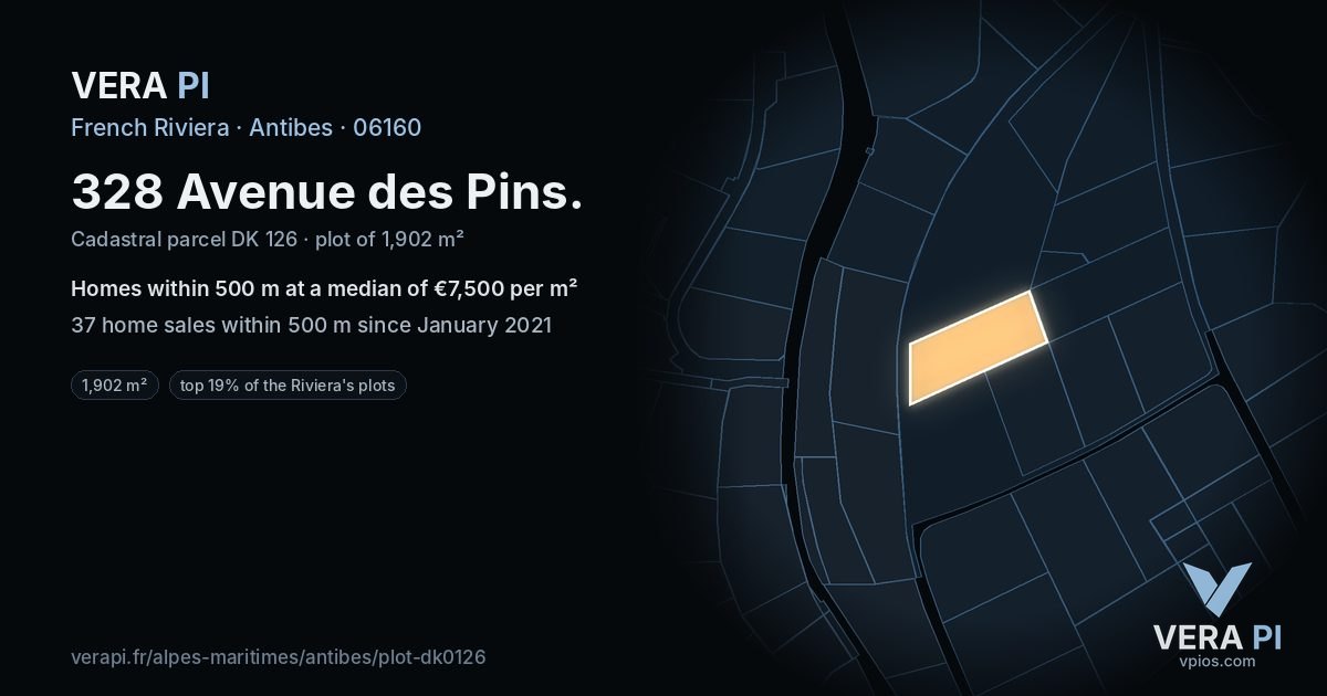 328 Avenue des Pins, Antibes at night – the plot lit, the parcels around coloured by the prices near them
