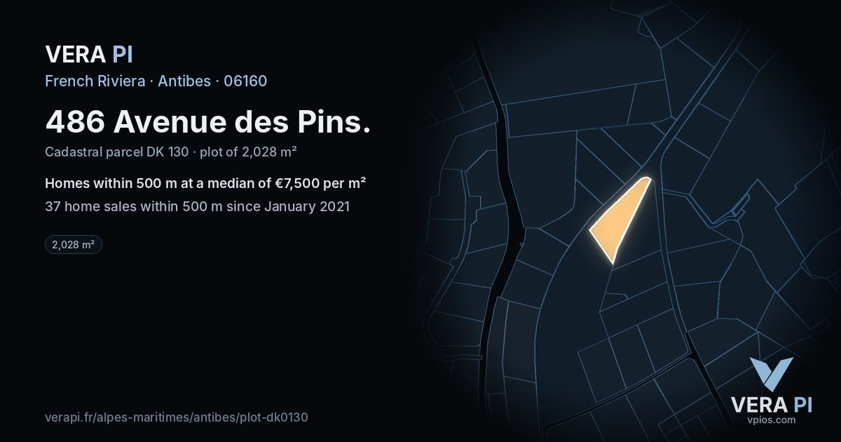 486 Avenue des Pins, Antibes at night – the plot lit, the parcels around coloured by the prices near them