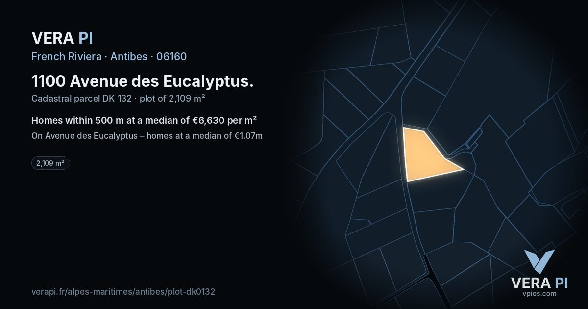 1100 Avenue des Eucalyptus, Antibes at night – the plot lit, the parcels around coloured by the prices near them