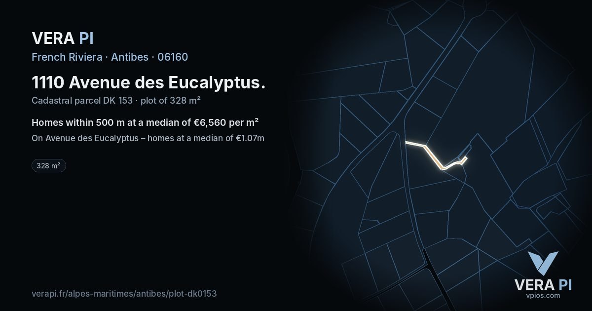1110 Avenue des Eucalyptus, Antibes at night – the plot lit, the parcels around coloured by the prices near them