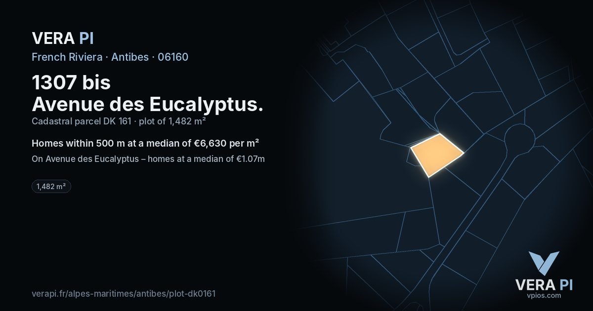 1307 bis Avenue des Eucalyptus, Antibes at night – the plot lit, the parcels around coloured by the prices near them