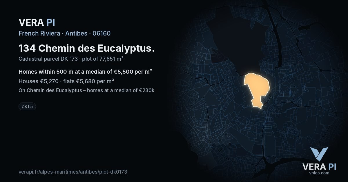 134 Chemin des Eucalyptus, Antibes at night – the plot lit, the parcels around coloured by the prices near them