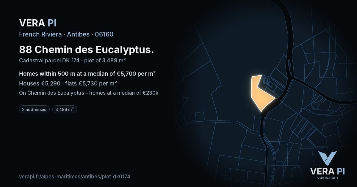 88 Chemin des Eucalyptus, Antibes at night – the plot lit, the parcels around coloured by the prices near them