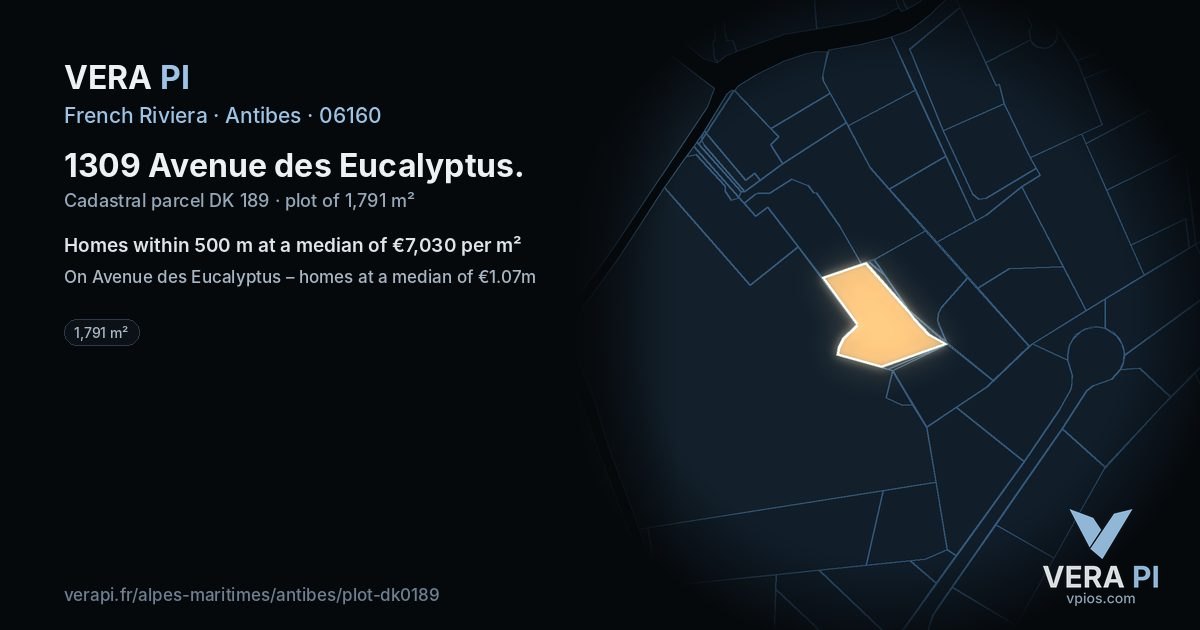 1309 Avenue des Eucalyptus, Antibes at night – the plot lit, the parcels around coloured by the prices near them