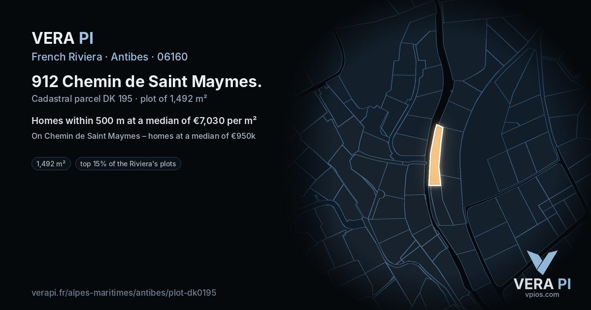 912 Chemin de Saint Maymes, Antibes at night – the plot lit, the parcels around coloured by the prices near them