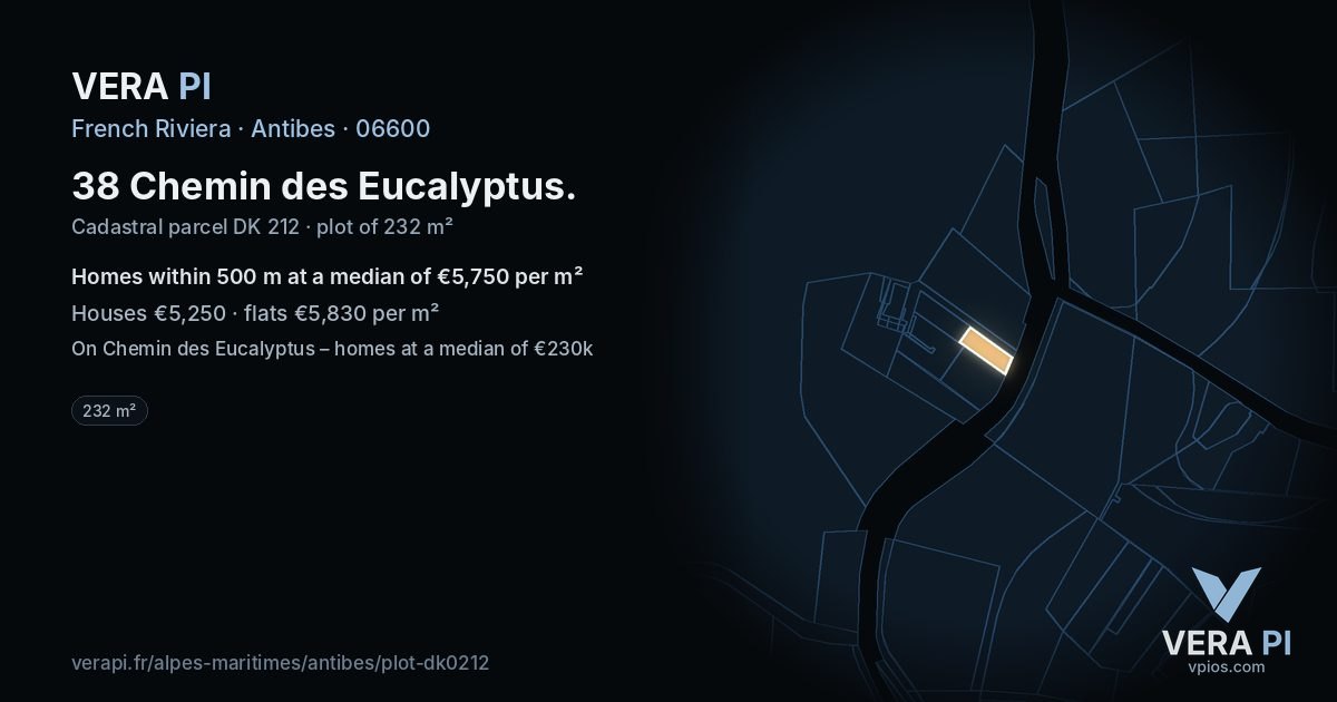 38 Chemin des Eucalyptus, Antibes at night – the plot lit, the parcels around coloured by the prices near them