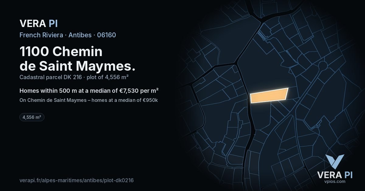 1100 Chemin de Saint Maymes, Antibes at night – the plot lit, the parcels around coloured by the prices near them
