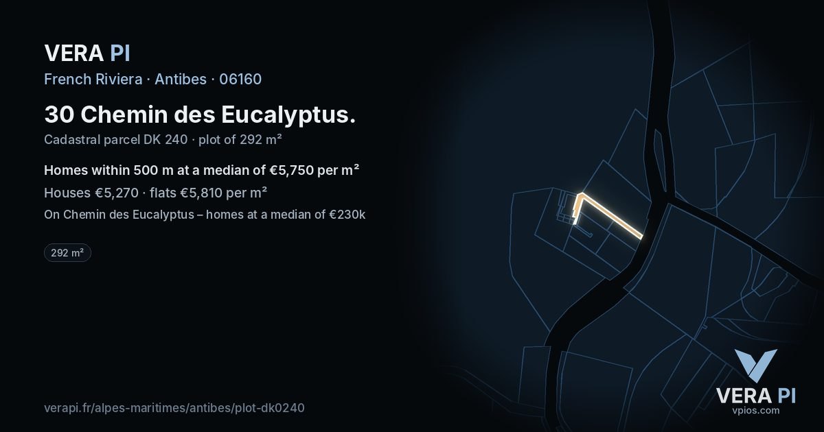 30 Chemin des Eucalyptus, Antibes at night – the plot lit, the parcels around coloured by the prices near them