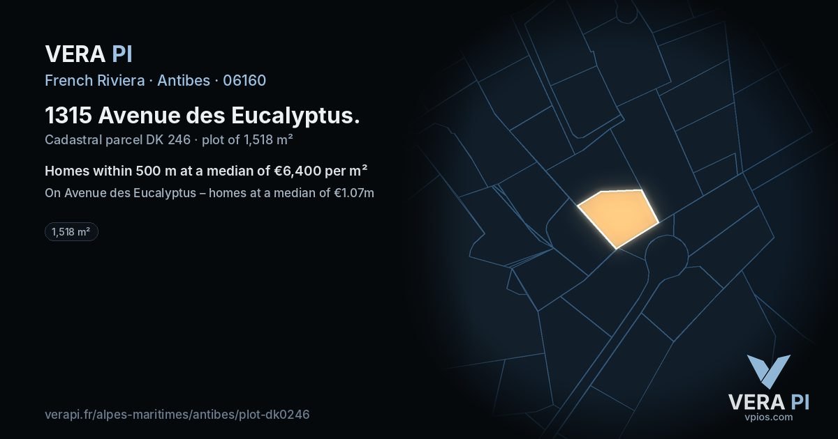 1315 Avenue des Eucalyptus, Antibes at night – the plot lit, the parcels around coloured by the prices near them