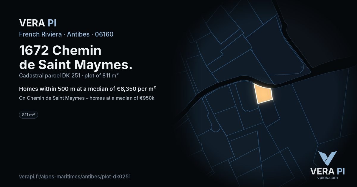 1672 Chemin de Saint Maymes, Antibes at night – the plot lit, the parcels around coloured by the prices near them
