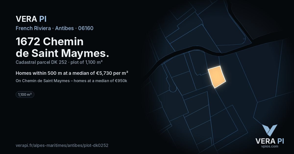 1672 Chemin de Saint Maymes, Antibes at night – the plot lit, the parcels around coloured by the prices near them